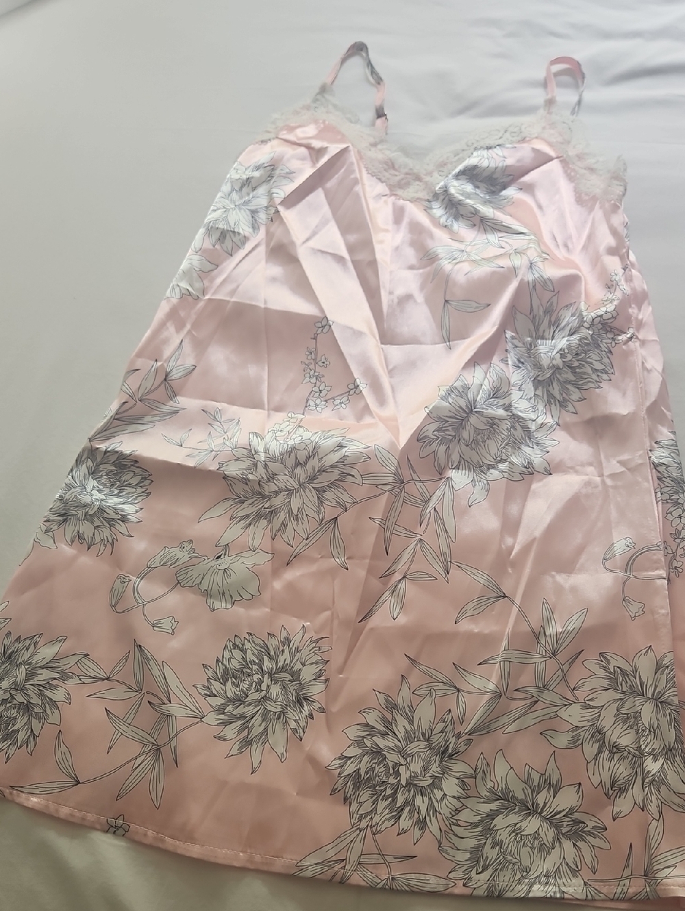 Pink Floral Satin Nightgown with Lace Trim